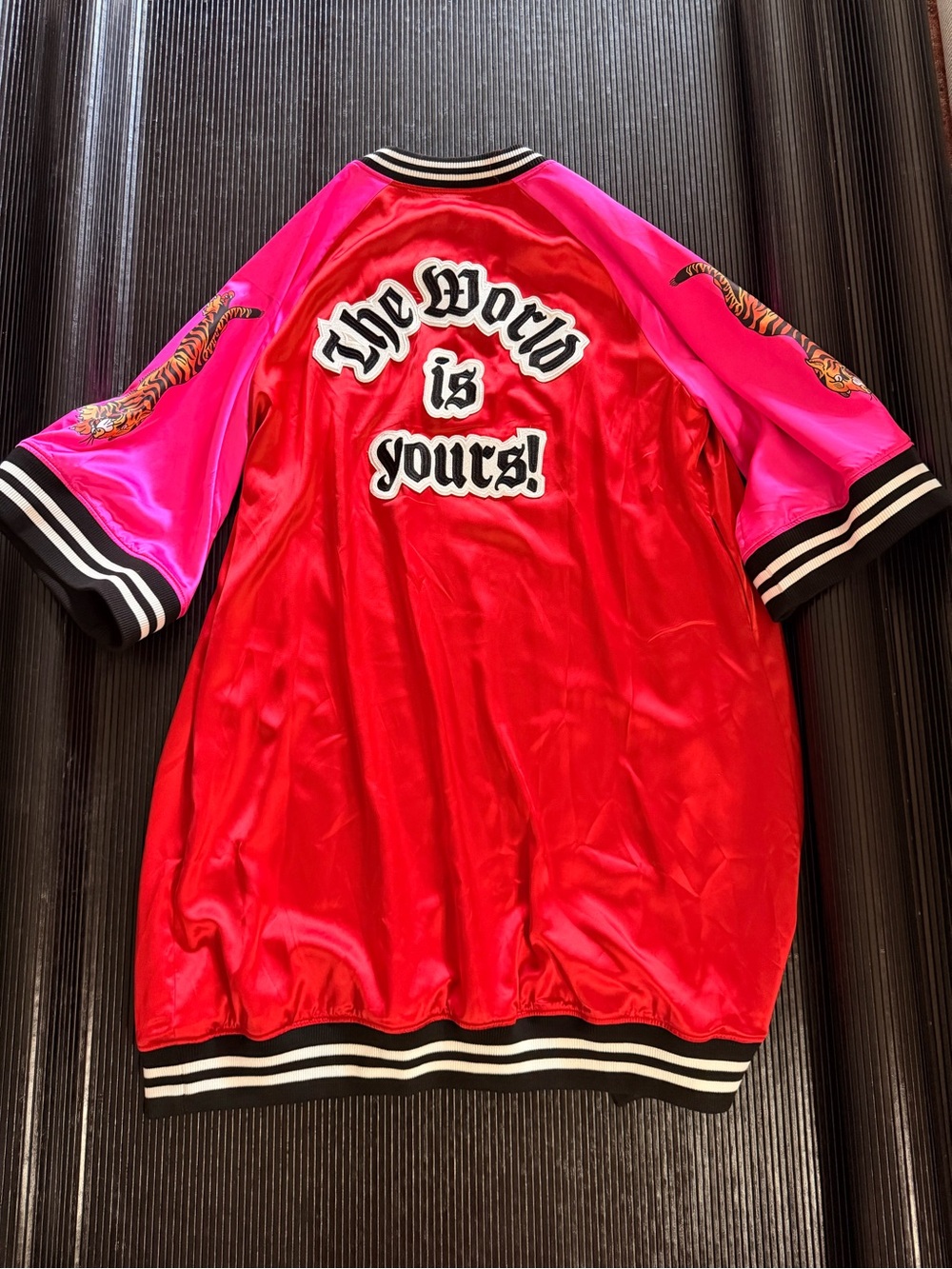 Dressed in LALA Red and Hot Pink Satin Bomber Cape